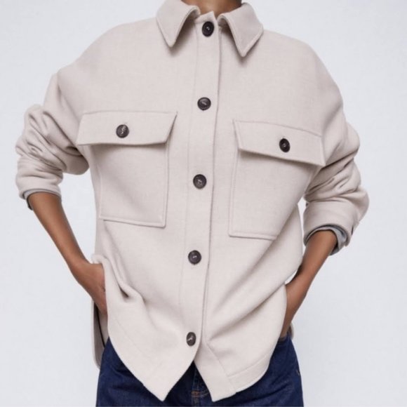 New Zara Oversized Manteco Wool Blend Overshirt Jacket Shacket In Stone NWT Sz L - Picture 7 of 9